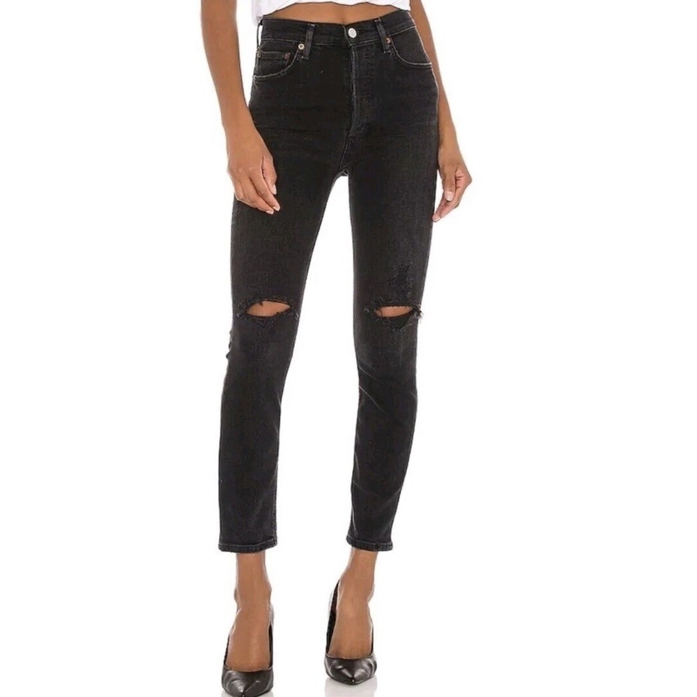 Agolde Jeans Women's 29 Black Nico High Rise‎ Slim in Cassette Distressed